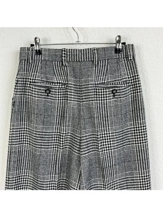 DOLCE & GABBANA Flared Glen Plaid Pants Wool Houndstooth Wide Leg Pants Logo D&G